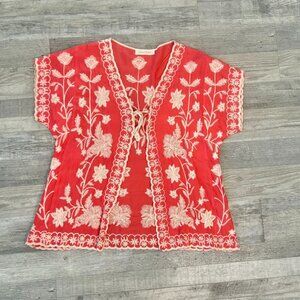 Solitaire Coral Heavily Embroidered Open Front Short Sleeve Kimono S42